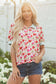 Red Floral Print Striped Patchwork Collared Short Sleeve Blouse
