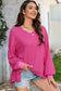 Bright Pink Waffle V Neck Long Sleeve Drop Shoulder Loose Blouse