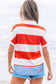 Red Stripe Collar V Neck Cuffed Dolman Short Sleeve Top