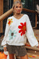 White Big Flower Pattern V Neck Drop Shoulder Sweater