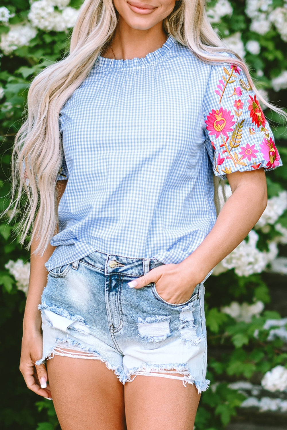 Light Blue Gingham Floral Embroidered Puff Sleeve Blouse