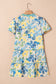 Blue Floral Striped Trim Puff Short Sleeve Dress