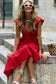 Fiery Red V Neck Flutter Sleeve Smocked Bodice High Waist Ruffle Maxi Dress