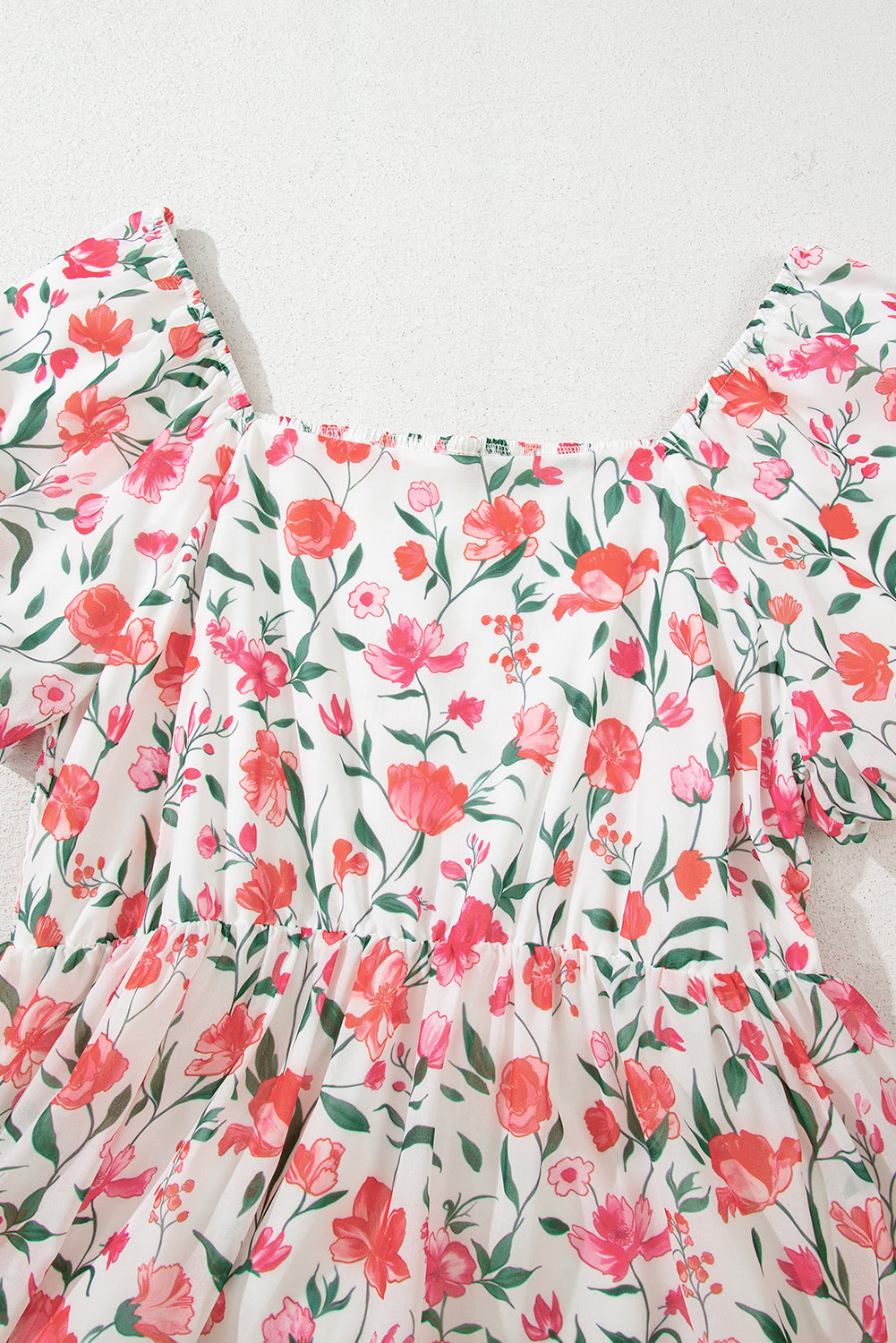 Pink Floral Puff Sleeve Square Neck Empire Waist Tiered Maxi Dress