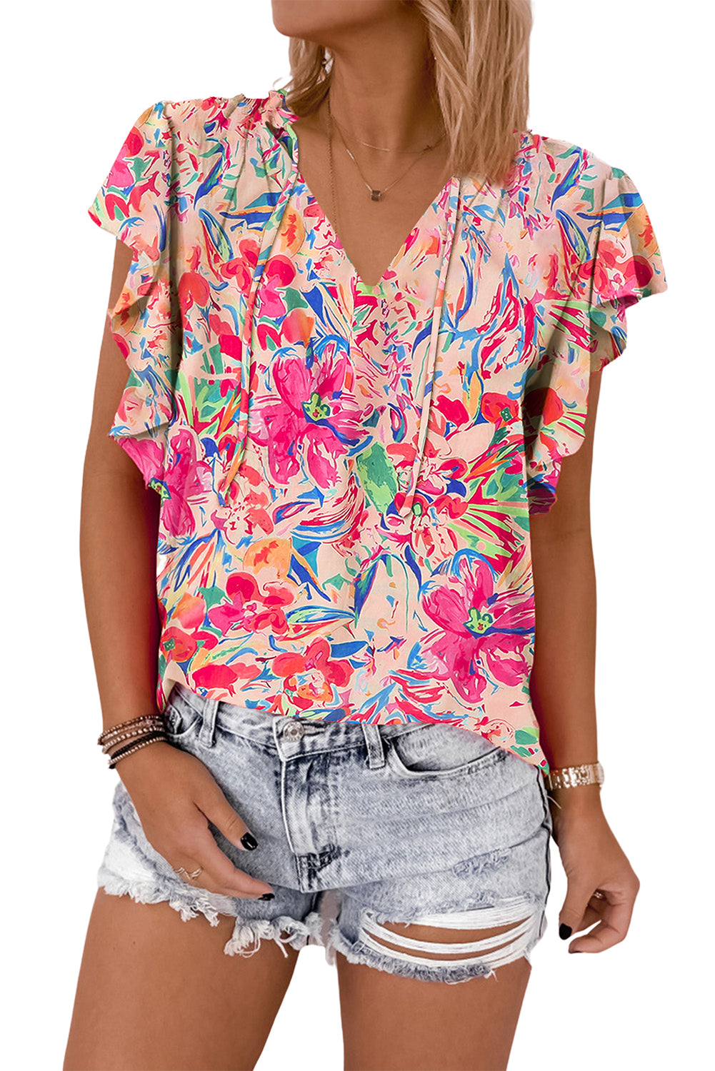 Multicolour Floral Ruffled Sleeve V Neck Summer Blouse