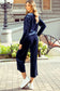 Navy Blue Solid Velvet Ruffled Two Piece Pants Set