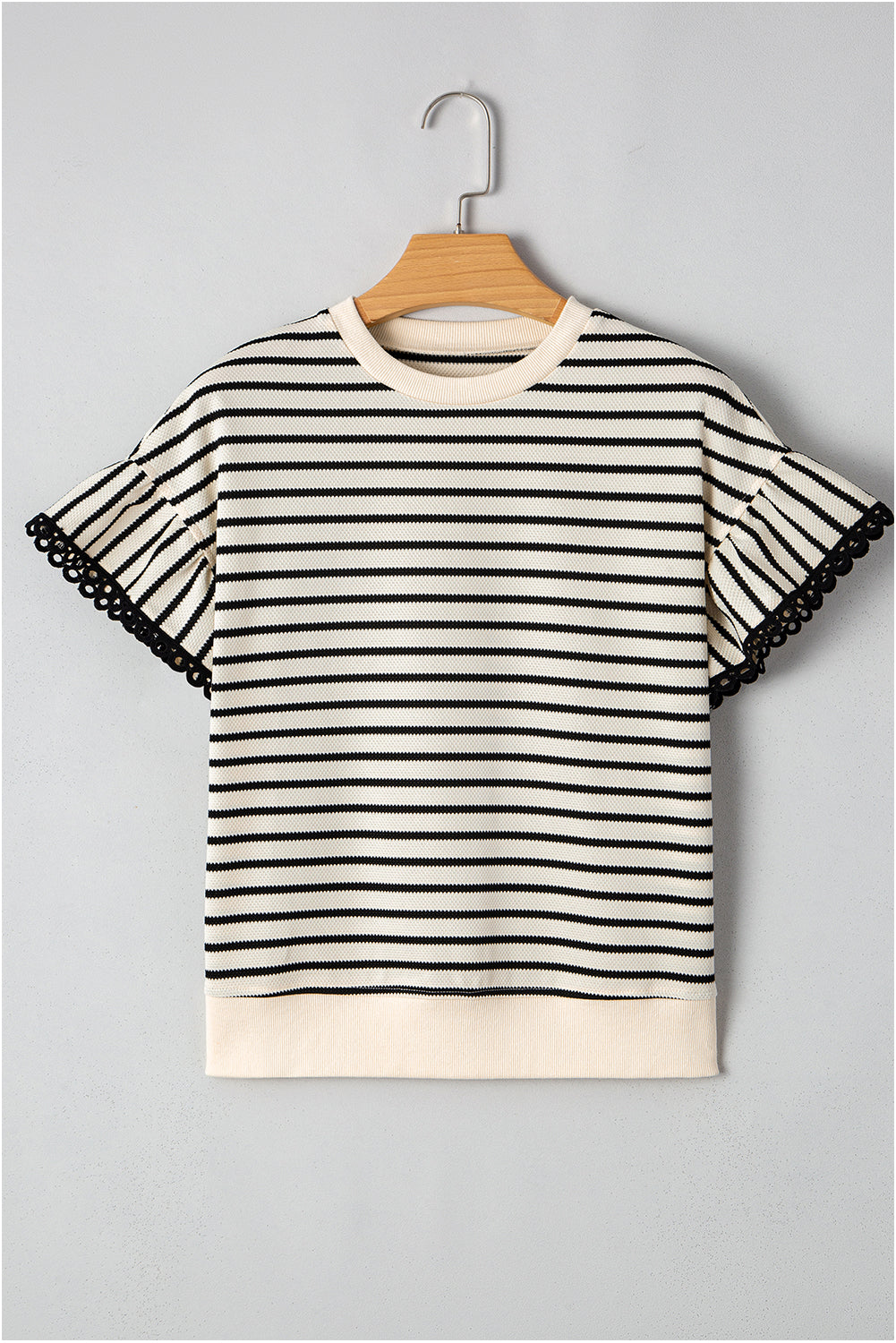 Black Stripe Scallop Lace Trim Ruffle Short Sleeves Crewneck Top