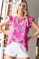 Rose Tiger Pattern Flutter Sleeve Crew Neck Blouse