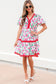 Pink Floral Print Contrast Trim V Neck Bubble Short Sleeve Babydoll Dress