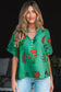 Bright Green Floral Print Buttoned V Neck Short Sleeve Blouse