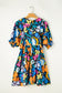 Blue Split Neck Collared Plus Floral Dress