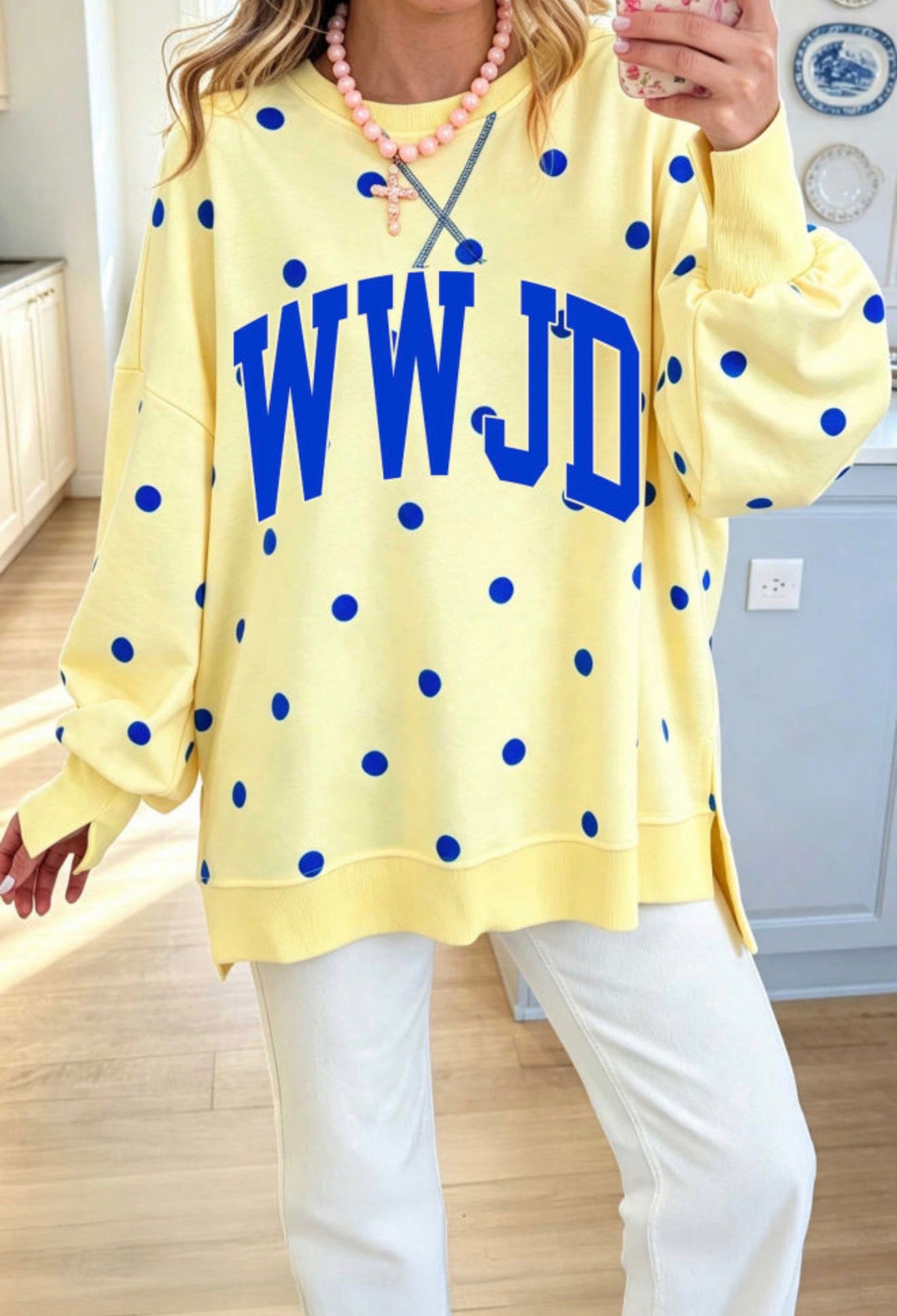 WWJD Yellow & Blue Polka Dot Sweatshirt