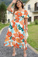 Orange Plus Size Flower Print Shirred Square Neck Maxi Dress