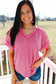 Rose Red Twisted Ribbed Knit V Neck Casual Tee