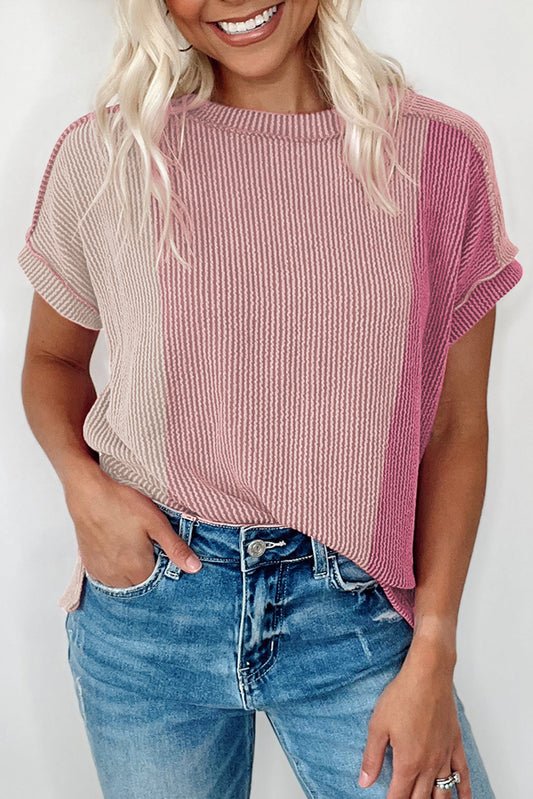 Pink Textured Colorblock Crew Neck T Shirt