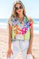 Multicolour Leopard Flutter Sleeve V Neck Crinkled Blouse