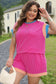 Bright Pink Textured Knit Contrast Trim Plus Shorts Set