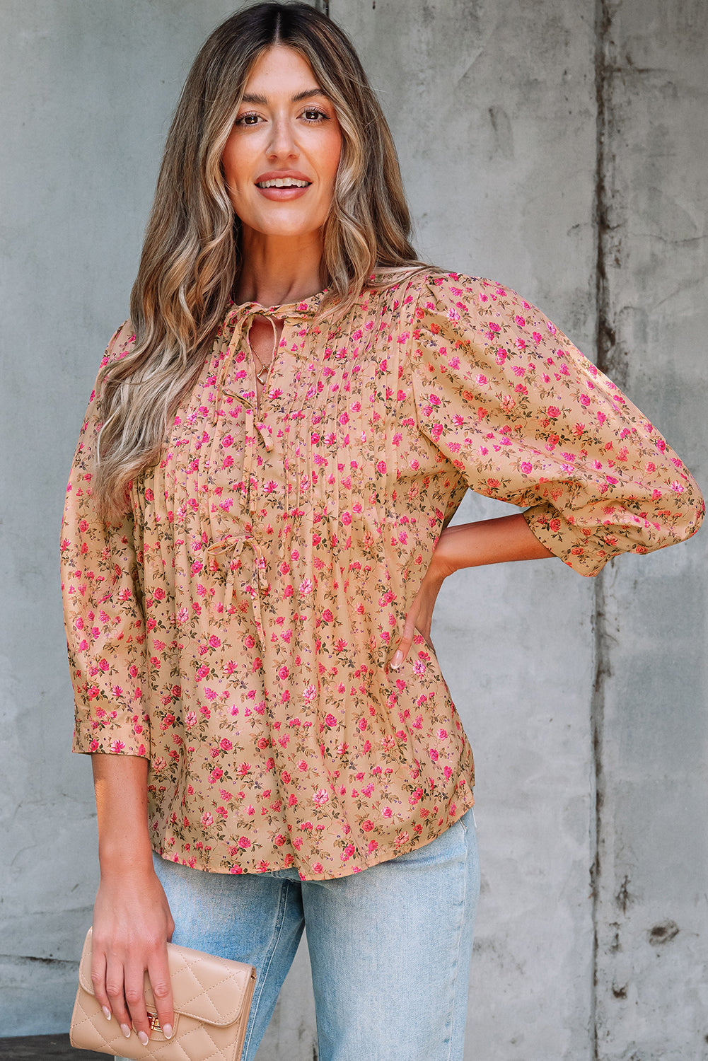 Light French Beige Floral Print Bow Pintuck Bust Half Puff Sleeve Blouse Top