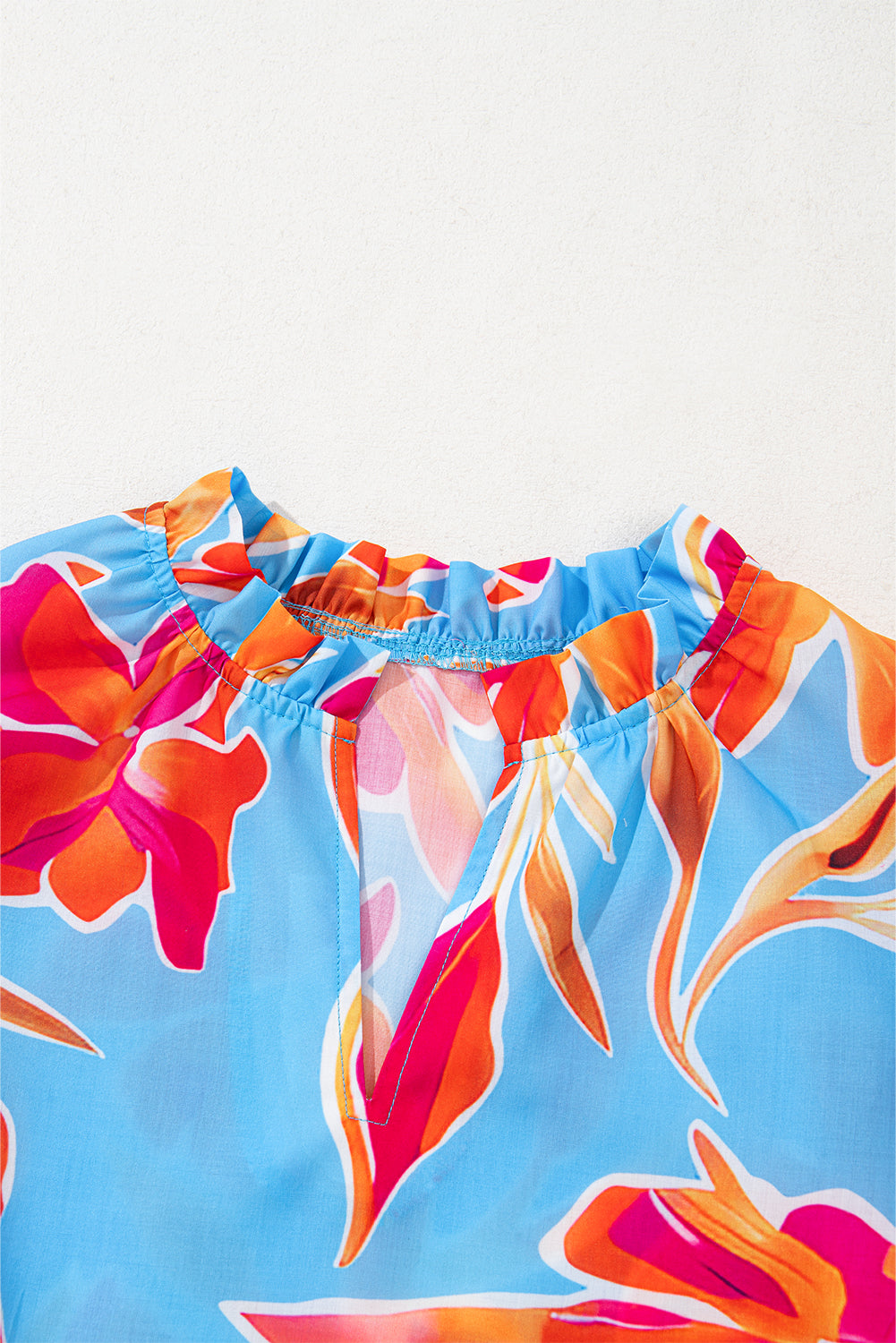 Sky Blue Floral Print V Neck Pompom Trim Flutter Sleeve Blouse