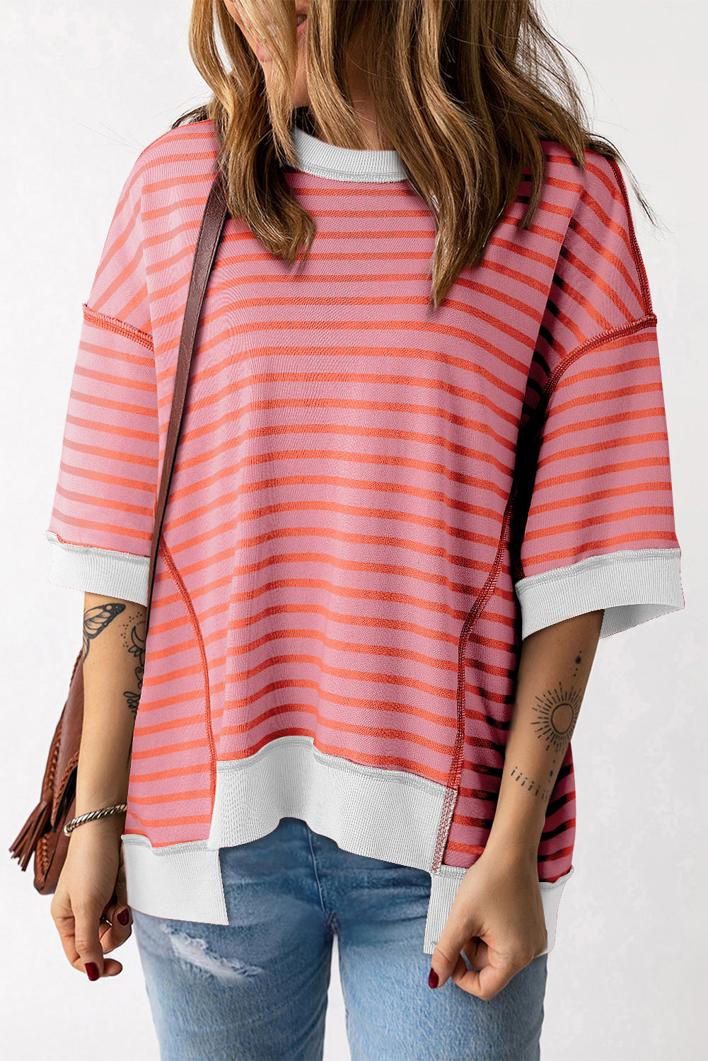 Multicolour Oversized Contrast Trim Exposed Seam High Low T Shirt