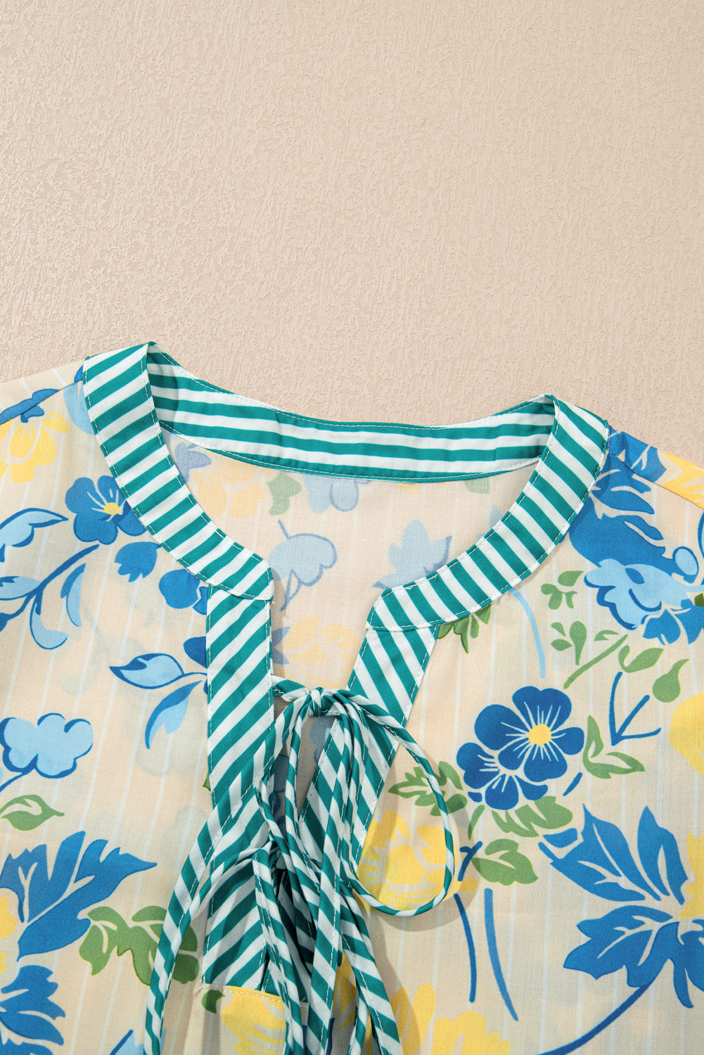 Blue Floral Striped Trim Puff Short Sleeve Dress