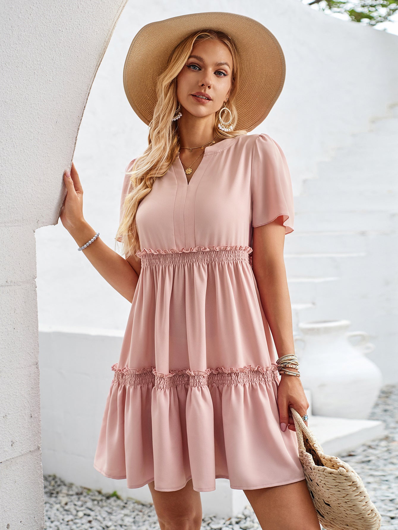 Frill Notched Short Sleeve Mini Dress