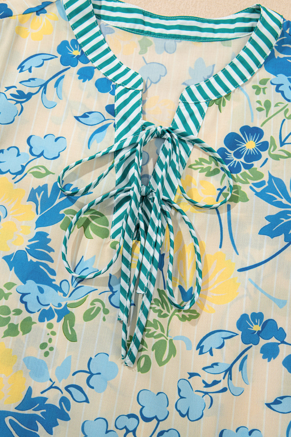 Blue Floral Striped Trim Puff Short Sleeve Dress