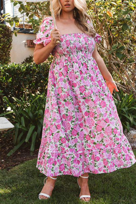 Pink Dainty Floral Smocked Puff Sleeve Flowy Long Dress