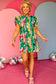 Green Abstract Print Frilled Neck Ruffled Sleeve Mini Dress