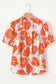 Orange Floral Bubble Sleeve Frill Neck Loose Blouse