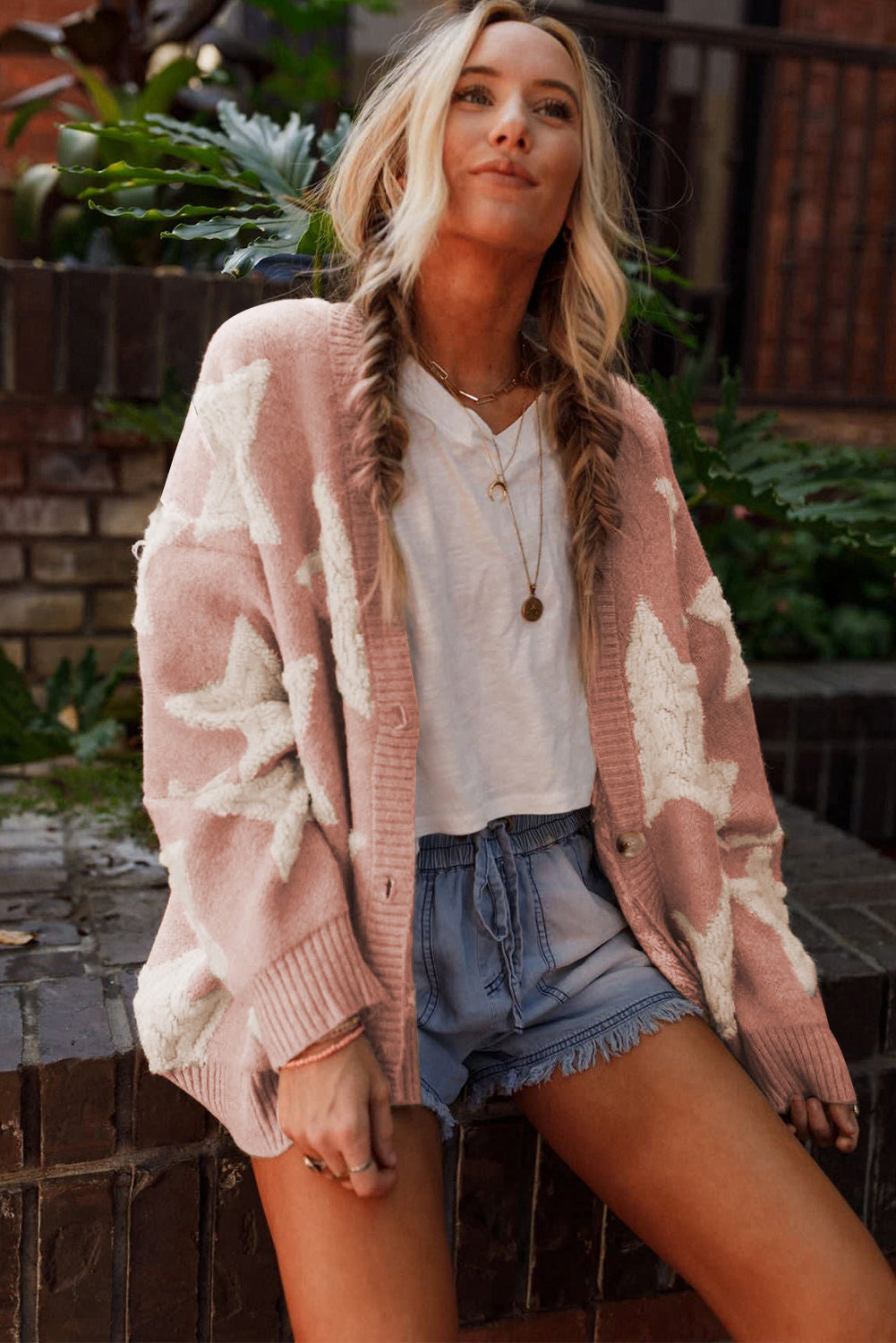 Pink Sherpa Star Pattern Textured Sweater Cardigan with Pockets