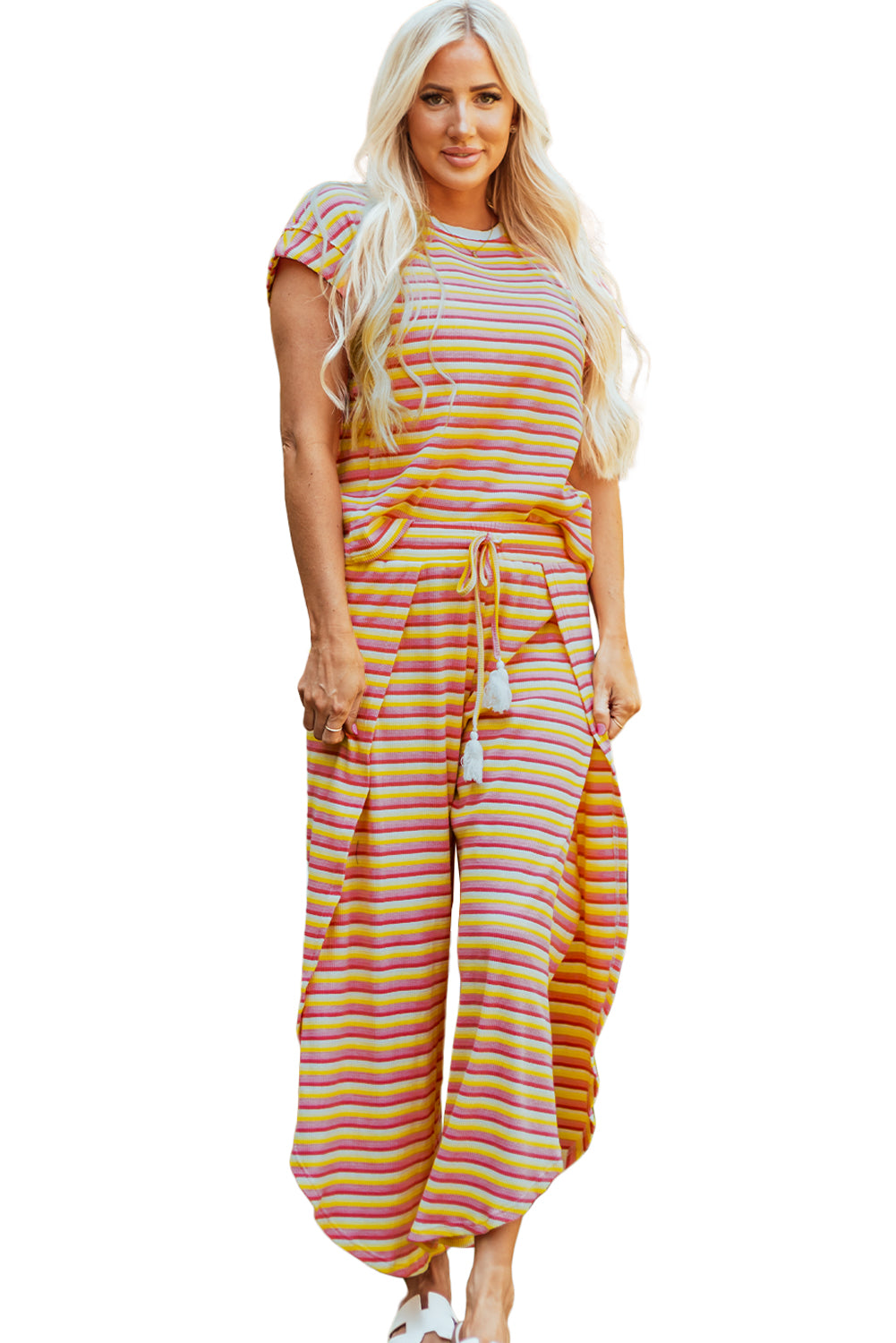 Yellow Stripe Rainbow Tee Tasseled String Wide Leg Pants Set