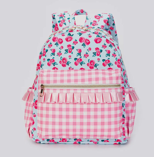 Pink Checkered Ruffle Floral Backpack
