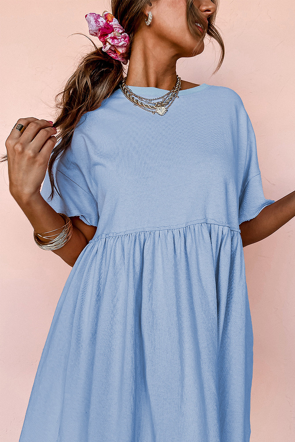 Sky Blue Solid Color Pocketed Raw Edge Babydoll Dress