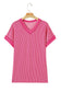 Rose Red Twisted Ribbed Knit V Neck Casual Tee
