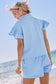 Beau Blue Ribbed Texture Half Zip Ruffled Short Sleeve Top and Shorts Set