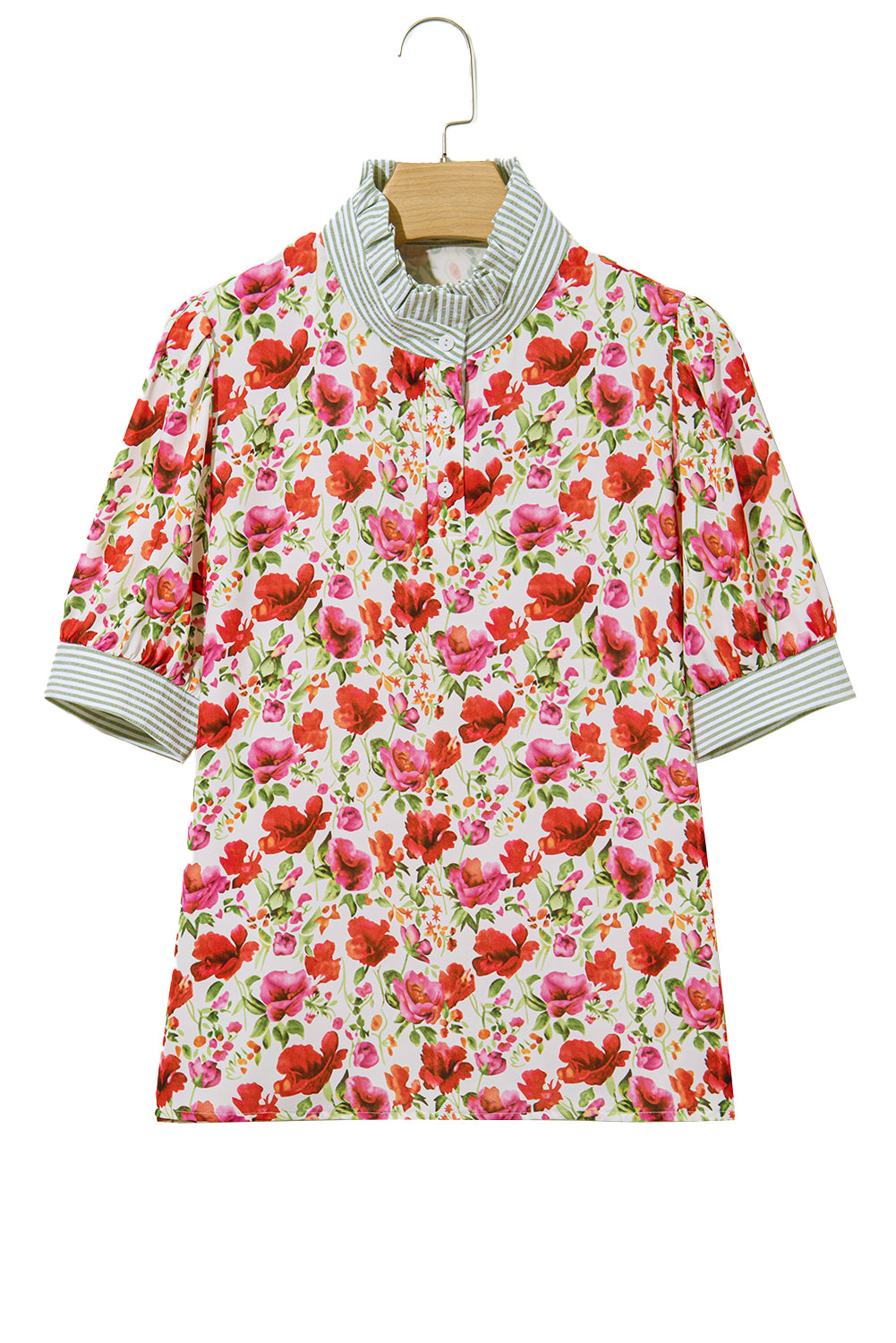 Red Floral Print Striped Patchwork Collared Short Sleeve Blouse