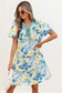Blue Floral Striped Trim Puff Short Sleeve Dress