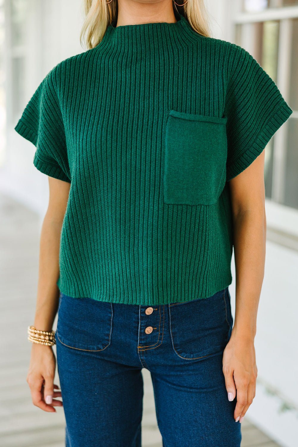 Blackish Green Patch Pocket Ribbed Knit Short Sleeve Sweater