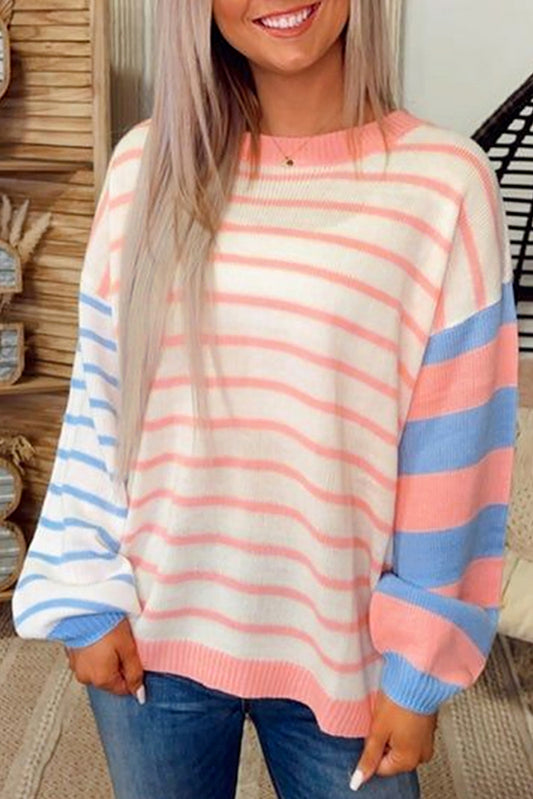 Pale Chestnut Colorblock Striped Drop Shoulder Cozy Sweater