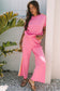Bonbon Color Contrast Crewneck T Shirt and Wide Leg High Waist Pants Set