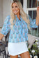 Sky Blue Floral Striped Print Shirred Yoke Split Neck Blouse