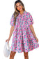 Pink Floral Collared Half Placket Short Sleeve Loose Dress