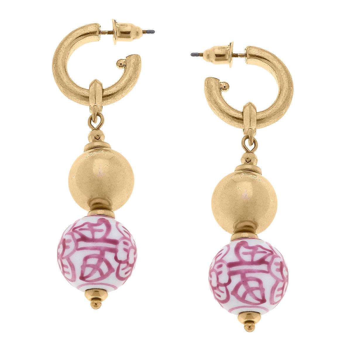 Aylin Chinoiserie Drop Hoop Earrings in Pink & White