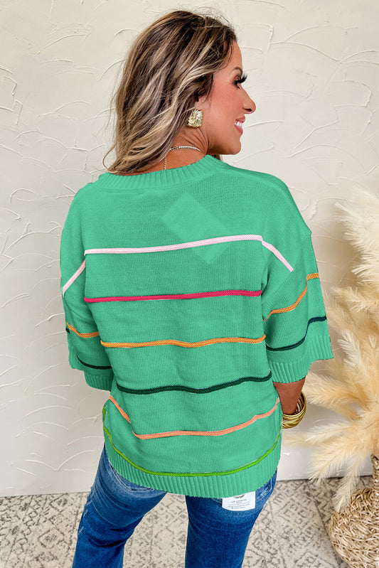 Green Colorblock Striped Half Sleeve Drop Shoulder Sweater