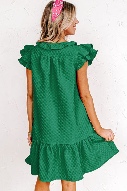 Blackish Green Flutter Sleeve Ruffled Textured Shift Dress