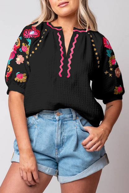 Black Floral Embroidered Ricrac Puff Sleeve Textured Blouse