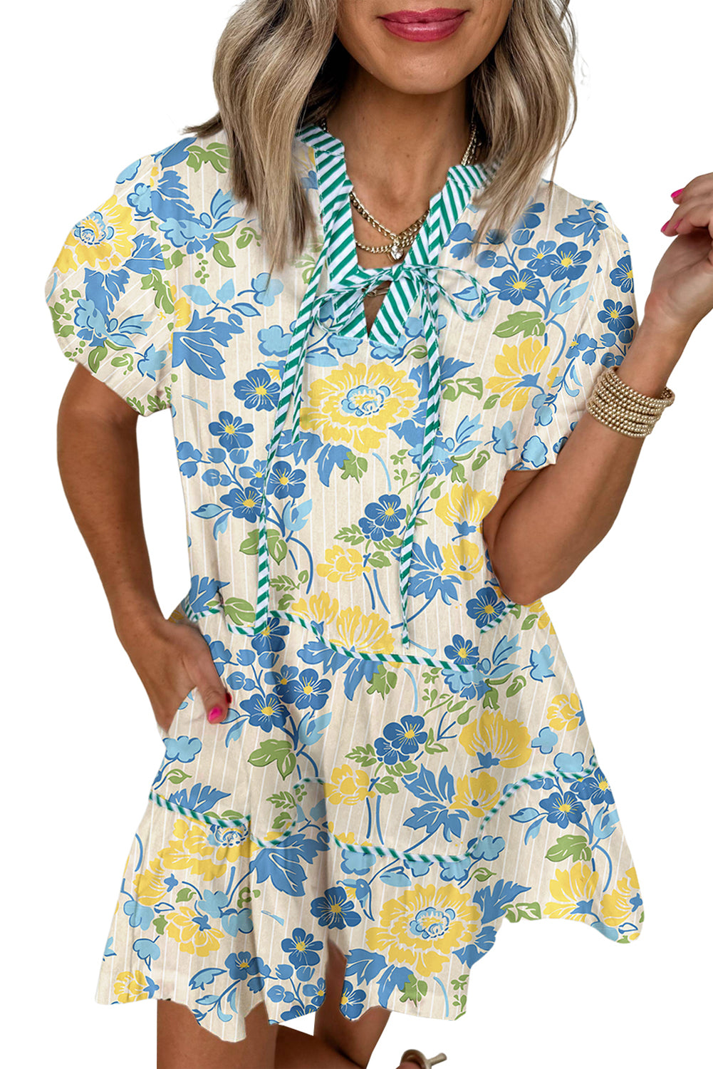 Blue Floral Striped Trim Puff Short Sleeve Dress