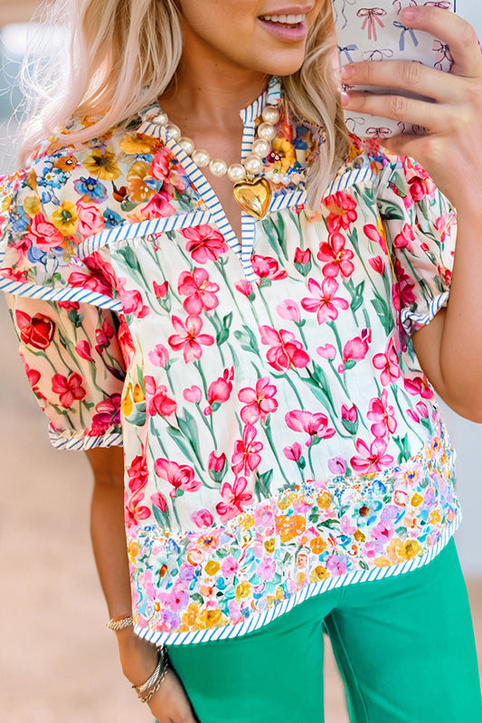 Pink Floral Print Striped Detail Split Neck Short Sleeve Blouse