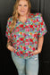 Multicolour Plus Size Floral Print Ruffle V Neck Bubble Sleeve Blouse